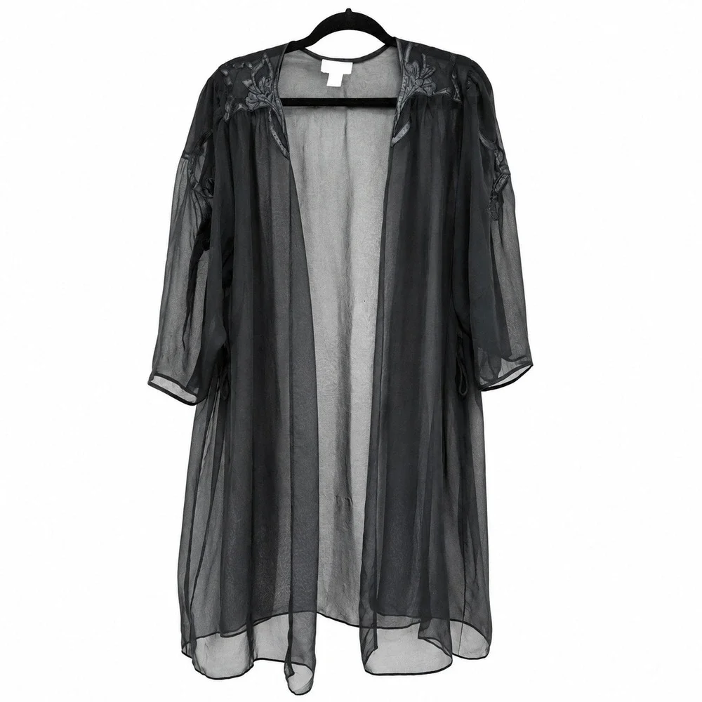 Vintage Victorias Secret Gold Label Sheer Black Robe Floral Applique Large L